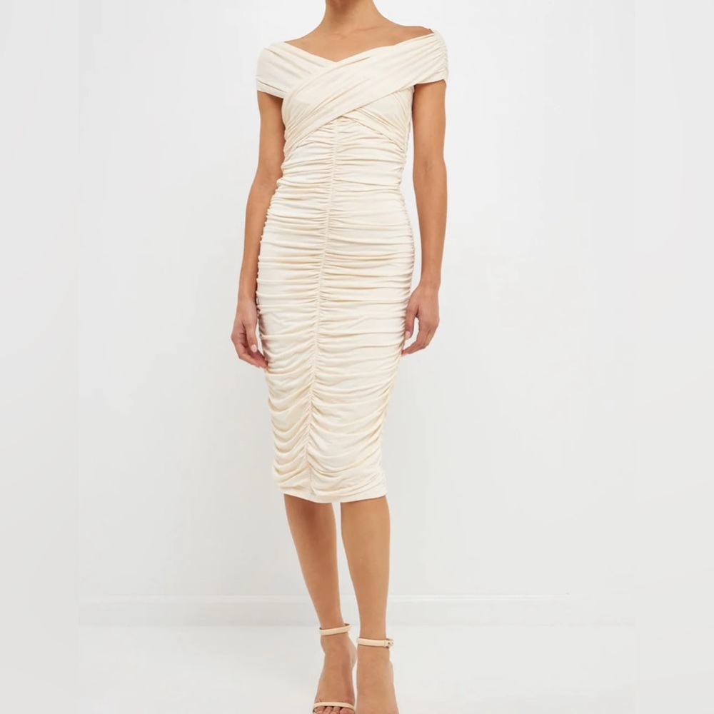 Endless Rose Black Off the Shoulder Ruched Bodycon Midi Dress, Small NWT